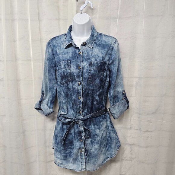 Dizzy Lizzy Blue Chambray Tie Dye Button Down Tunic Blouse Belted Grunge M - Picture 5 of 12